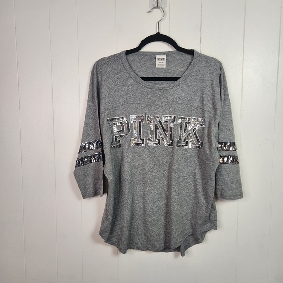 Victoria's Secret Pink Gray Silver Sequin 3/4 Dolman Sleeve Shirt Top Y2K Bling - Picture 1 of 6